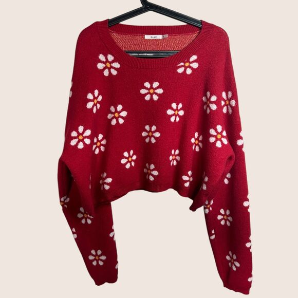 🌼 XL JOSELYN CREW NECK PULLOVER DAISY FLORAL SLIGHT CROP SWEATER Y2K STYLE RED - Picture 5 of 9